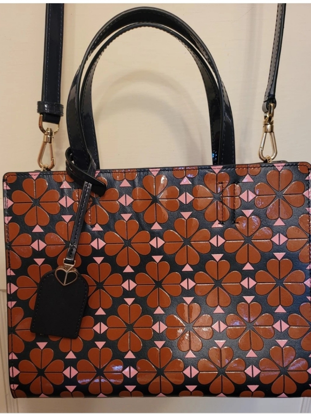 KATE SPADE SAM FLORAL TOTE CROSSBODY PATENT NAVY BLUE BROWN PINK w FOB - Picture 2 of 13